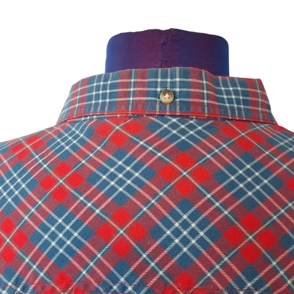 L.L. Bean Red White & Blue Button Down Plaid Roll Tab Sleeve Shirt Size Medium - Picture 6 of 9